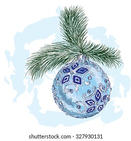 Christmas ball on the fir branch . Winter holiday . New Year. Greeting card.