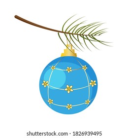 Christmas ball on the pine branch isolated on white background, vector illustration.