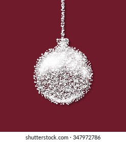 Christmas ball on red backdrop made from white hoarfrost particles - vector