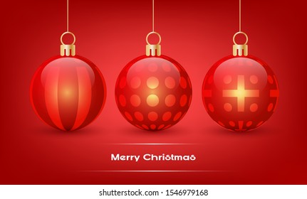 Christmas ball on red background, gold hanging loop