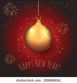 Christmas ball on a red background with fireworks and Happy New Year greetings