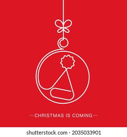 Christmas Ball on Red Background with Golden Modern Typography Greetings in a Frame. Classy Card or Poster