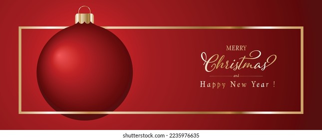 Christmas Ball on Red Background with Golden Modern Typography Greetings in a Frame. Classy Card, banner, or Poster.