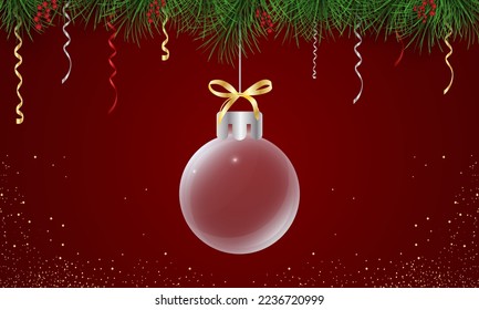 Christmas ball on red background with confetti. Merry Christmas and happy new year with Christmas ball and fir branches on red background. Christmas and new year background holiday. Vector illustrat