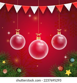 Christmas ball on red background with confetti. Merry Christmas and happy new year with Christmas ball and fir branches on red background. Christmas and new year background holiday. Vector illustrat
