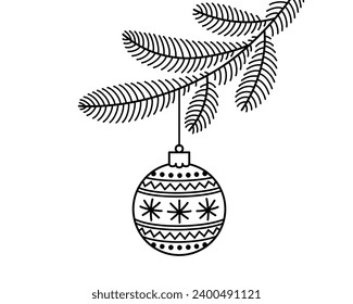 Christmas ball on a spruce branch. Xmas toy. New Year's decorative element.Outline template for greeting cards, label. Isolated vector illustration.