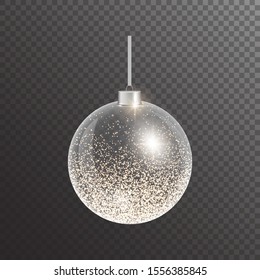 Christmas ball on a transparent background. Bright jewelry with a golden light effect. Festive vector illustration.