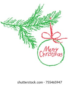 Christmas ball tree branch and text letter  Funny green red copy space  Like kids hand drawing crayon  pen?il pastel chalk holiday doodle design element  Frame  banner  vector background 