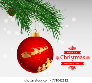 Christmas ball on Christmas tree. Vector Illustration with Santa Claus flying with deer