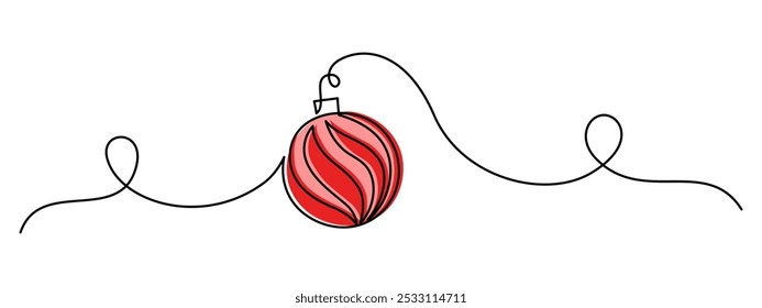 Bola de Navidad en un dibujo de línea continua. Adorno festivo del árbol de navidad con la cinta en estilo lineal simple. Trazo editable. Ilustración vectorial de contorno de Doodle