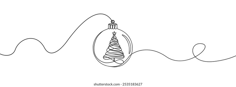  Christmas ball one line icon. Simple one continuous line drawing of christmas bauble with christmas tree inside isolated on white background.Holiday christmas decoration.