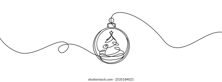  Christmas ball one line icon. Simple one continuous line drawing of christmas bauble with christmas tree inside isolated on white background.Holiday christmas decoration.