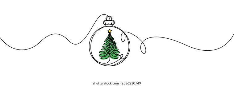 Icono de una línea de bola de Navidad. Un simple dibujo de línea continua de chuchería de Navidad con árbol de Navidad en el interior aislado sobre fondo blanco. Festiva decoración de Navidad