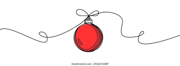 Icono de una línea de bola de Navidad. Simple un dibujo de línea continua de chuchería de Navidad roja aislada sobre fondo blanco. Decoración de Navidad de Festiva.