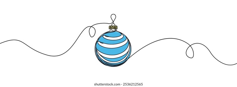 Ícone de uma linha na bola de Natal. Simples um desenho de linha contínua de bauble de Natal azul isolado no fundo branco.Decoração de Natal de férias.