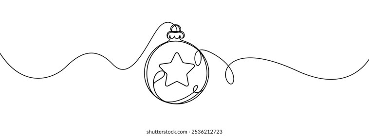 Icono de una línea de bola de Navidad. Simple un dibujo de línea continua de chuchería de Navidad con una estrella en el interior aislado sobre fondo blanco. Decoración de Navidad de Festiva.