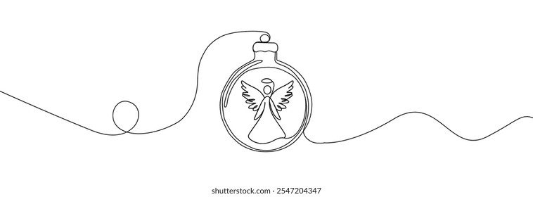 Christmas ball one line icon. Simple one continuous line drawing of christmas bauble with a holy angel inside isolated on white background.Holiday christmas decoration.