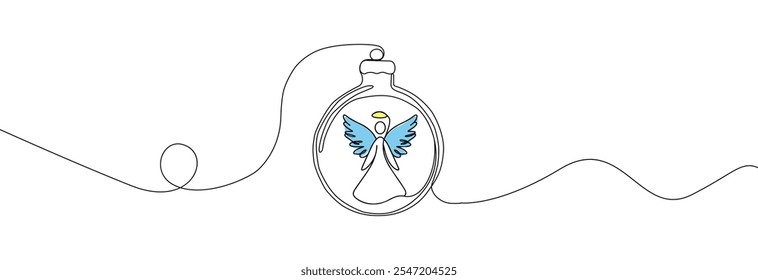 Christmas ball one line icon. Simple one continuous line drawing of christmas bauble with a holy angel inside isolated on white background.Holiday christmas decoration.