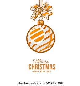 Christmas ball with orange ribbon and bow, vector greeting card template with white background. Shiny Christmas decoration ball of solid orange color, greeting card template for Christmas New Year Eve