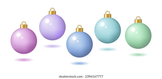 Christmas ball ornament elements. Set of ball ornaments gold caps mockup pastel colors. Isolated on white background. Vector illustration.