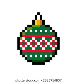 Christmas ball with ornament isolated on white background. Xmas glass bauble icon. Vector pixel art illustration of New Year elements in 16-bit old style.