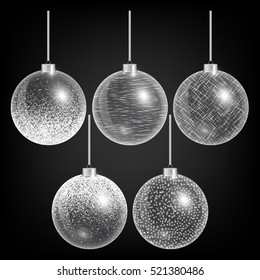 Christmas ball ornament. New years eve, 2017. Light flare. Set of festive decorations. Vector illustration of a black backdrop.
