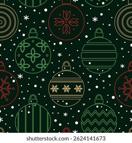 Christmas Ball Ornament Silhouettes Pattern. Seamless Geometric Print with Christmas Ornaments, Snow. Trendy Flat Style Background. Vector in Red, Green, White, Golden, Black