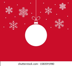 Christmas ball ornament and snowflakes on red background. Vector illustration.