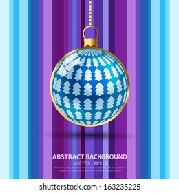 Christmas ball ornament with Christmas tree on purple striped background. With room for text.  Vector EPS 10 illustration.
