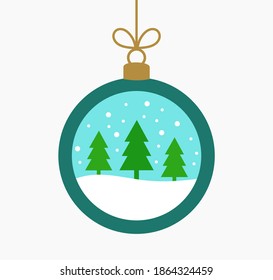 Christmas ball ornament with Christmas trees winter landscape inside. Vector illustration.