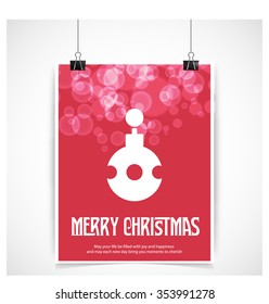 Christmas Ball Ornaments card Design. Red glowing background hanging poster vector template