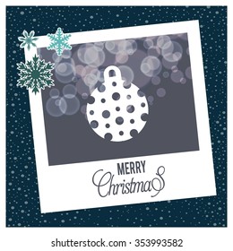 Christmas Ball Ornaments card Design. photo frame with Snowflake border and creative typography in footer on glowing Vector background