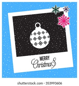 Christmas Ball Ornaments card Design. photo frame with Snowflake border and creative typography in footer on glowing Vector background