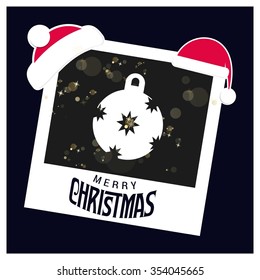 Christmas Ball Ornaments card Design. Picture frame with Santa Hat on top and Merry Christmas typography on glowing Snowflakes Vector background