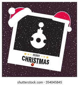 Christmas Ball Ornaments card Design. Picture frame with Santa Hat on top and Merry Christmas typography on glowing Snowflakes Vector background