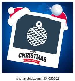 Christmas Ball Ornaments card Design. Picture frame with Santa Hat on top and Merry Christmas typography