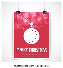 Christmas Ball Ornaments card Design, Red glossy background hanging poster template with merry Christmas typography
