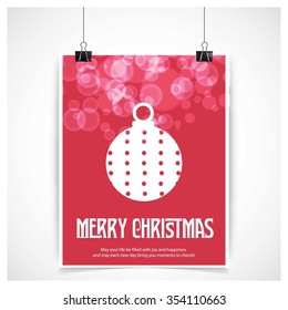 Christmas Ball Ornaments card Design, Red glossy background hanging poster template with merry Christmas typography