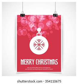 Christmas Ball Ornaments card Design, Red glossy background hanging poster template with merry Christmas typography