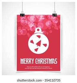 Christmas Ball Ornaments card Design, Red glossy background hanging poster template with merry Christmas typography