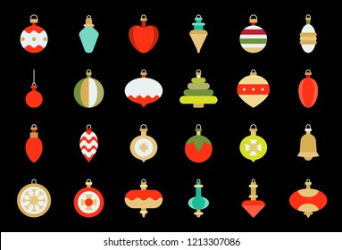 Christmas ball ornaments icon set 2, flat design on black background