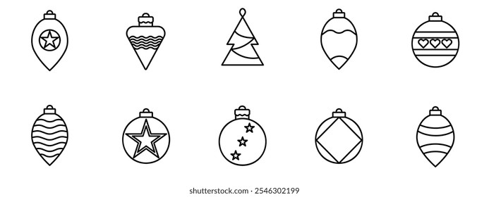 Christmas ball outline icons for mobile or web. Christmas tree toys icon set