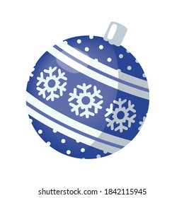 Christmas ball with a pattern for decorating the Christmas tree in blue and white colors.Vector, white background, isolated.