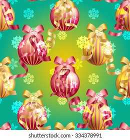 Christmas ball pattern, New year decorations. vector. Wallpaper with bow and ribbon. Sparkles and bokeh. Shiny and glowing