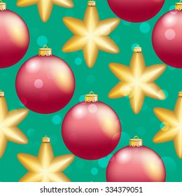 Christmas ball pattern, New year decorations. vector. Wallpaper with bow and ribbon. Sparkles and bokeh. Shiny and glowing