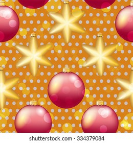 Christmas ball pattern, New year decorations. vector. Wallpaper with bow and ribbon. Sparkles and bokeh. Shiny and glowing