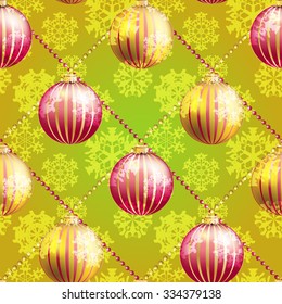 Christmas ball pattern, New year decorations. vector. Wallpaper with bow and ribbon. Sparkles and bokeh. Shiny and glowing