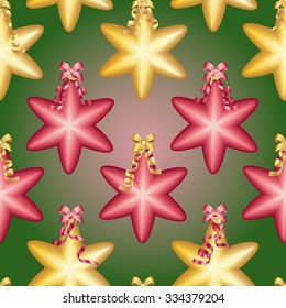 Christmas ball pattern, New year decorations. vector. Wallpaper with bow and ribbon. Sparkles and bokeh. Shiny and glowing