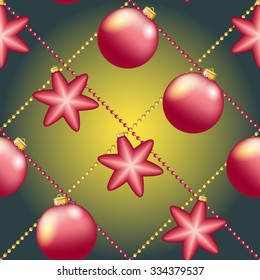 Christmas ball pattern, New year decorations. vector. Wallpaper with bow and ribbon. Sparkles and bokeh. Shiny and glowing