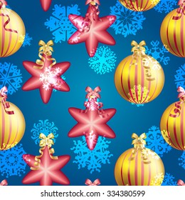 Christmas ball pattern, New year decorations. vector. Wallpaper with bow and ribbon. Sparkles and bokeh. Shiny and glowing